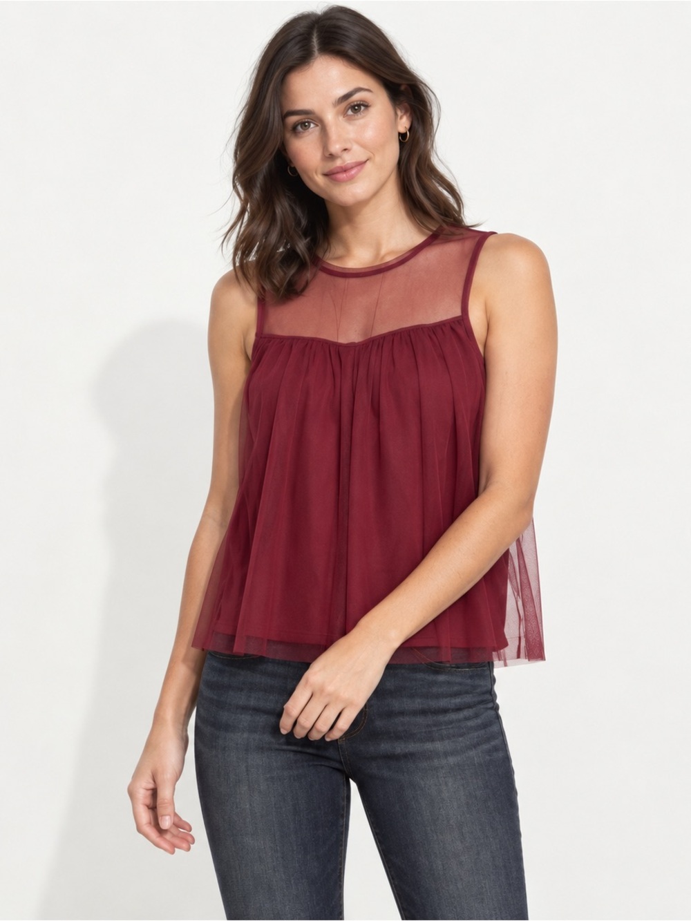 Hollister Burgundy Sheer Mesh Babydoll Top Romantic Coquette S